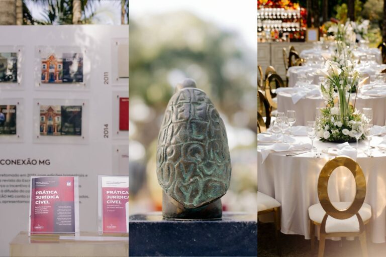 Evento corporativo ao ar livre celebra os 20 anos do escritório Medina Guimarães com um museu vivo, curadoria afetiva e cenografia personalizada.